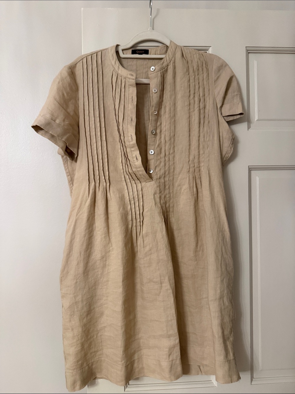 Quince Beige Linen Pintuck Short-Sleeve Dress